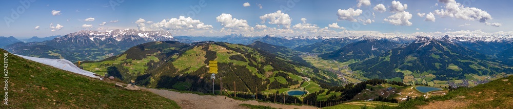 High resolution stitched panorama of beautiful alpine view at with the famous Wilder Kaiser mountains at Söll - Tyrol - Austria
