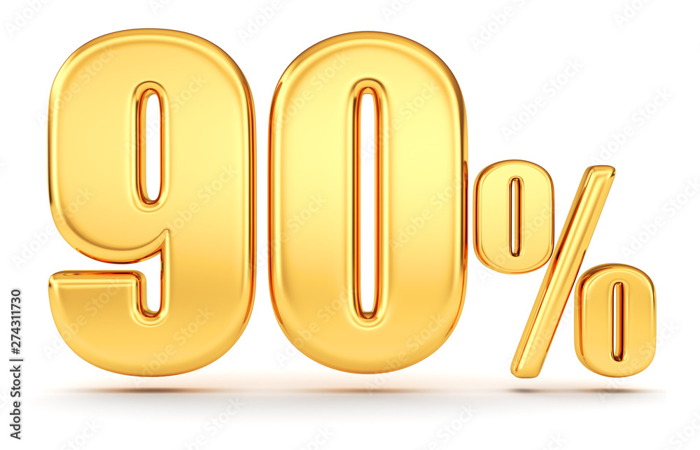 3d render illustration. Golden ninety percent on a white background. 3d render illustration. Golden ninety percent on a white background.
