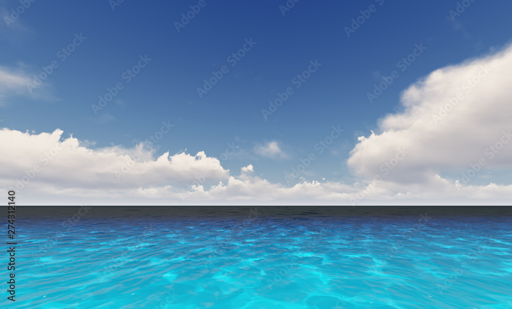Fototapeta premium Beautiful tranquil natural vacation seascape with scenic ocean waves in tropical environment, deep clear transparent pure blue water background. A summer travel in paradise, peaceful 3D illustration