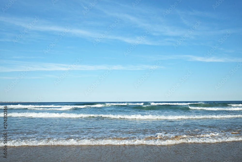 Beautiful panoramic view of sandy beaches somwhere in Algarve, Portugal. Copy space for text, clean turquoise Ocean water background.