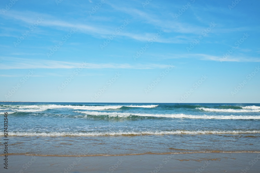 Beautiful panoramic view of sandy beaches somwhere in Algarve, Portugal. Copy space for text, clean turquoise Ocean water background.