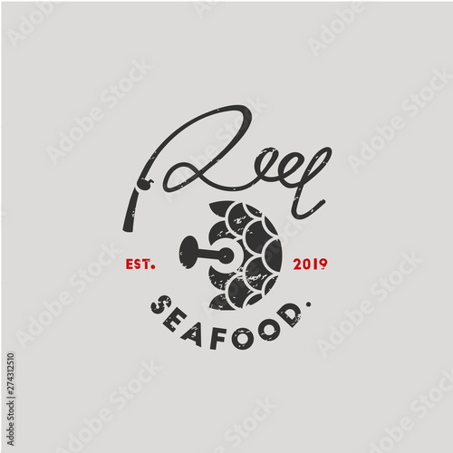 fishing reel and scale seafood vintage logo template
