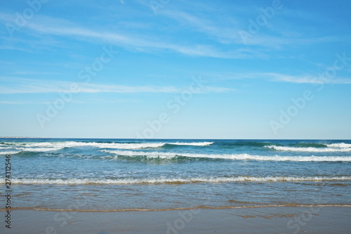 Beautiful panoramic view of sandy beaches somwhere in Algarve, Portugal. Copy space for text, clean turquoise Ocean water background.