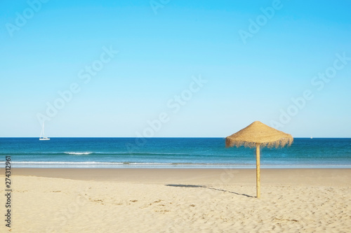 Beautiful panoramic view of sandy beaches somwhere in Algarve, Portugal. Copy space for text, clean turquoise Ocean water background. © Evrymmnt