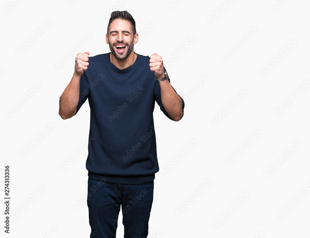Young handsome man wearing sweater over isolated background excited for success with arms raised celebrating victory smiling. Winner concept. Young handsome man wearing sweater over isolated background excited for success with arms raised celebrating victory smiling. Winner concept.