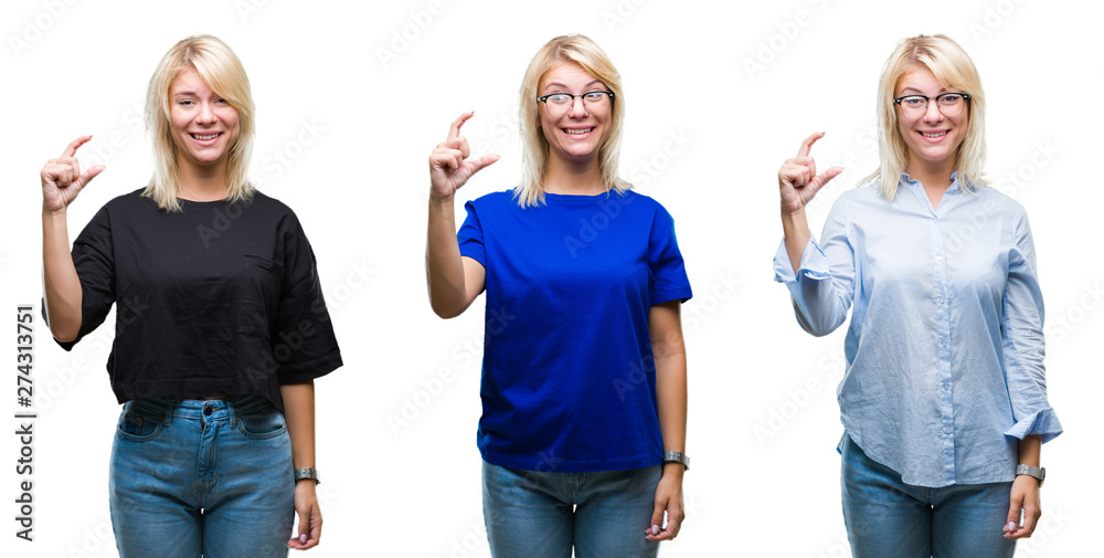 Fototapeta premium Collage of beautiful blonde woman over isolated background smiling and confident gesturing with hand doing size sign with fingers while looking and the camera. Measure concept.