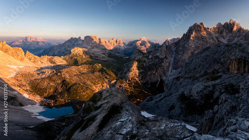 Panorama of dolomites near Tre cime di lavadero as seen from büllelejoch at golden hour