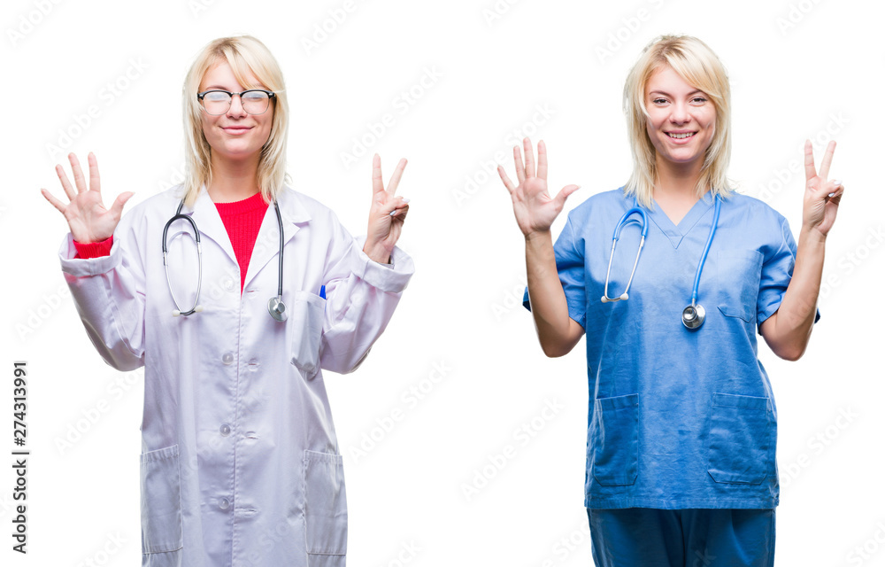 Collage of doctor and nurse woman over white isolated background showing and pointing up with fingers number seven while smiling confident and happy. Collage of doctor and nurse woman over white isolated background showing and pointing up with fingers number seven while smiling confident and happy.