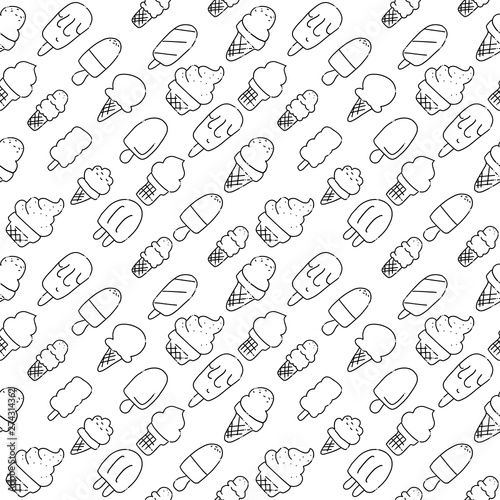 Ice cream Hand Drawn Pattern. Drawing Sundae, Sorbet, Lolly. Summer Seamless Background. Sketch Icons of Icecream. Handdrawn black and white Vector Illustration in doodle style.