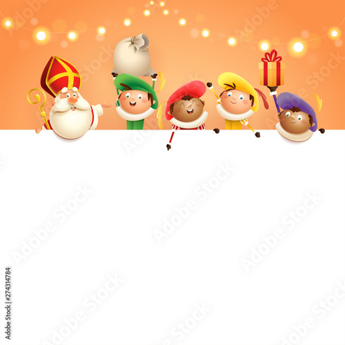 Saint Nicholas and helpers on board - happy cute characters celebrate Dutch holidays - vector illustration on orange background with lights