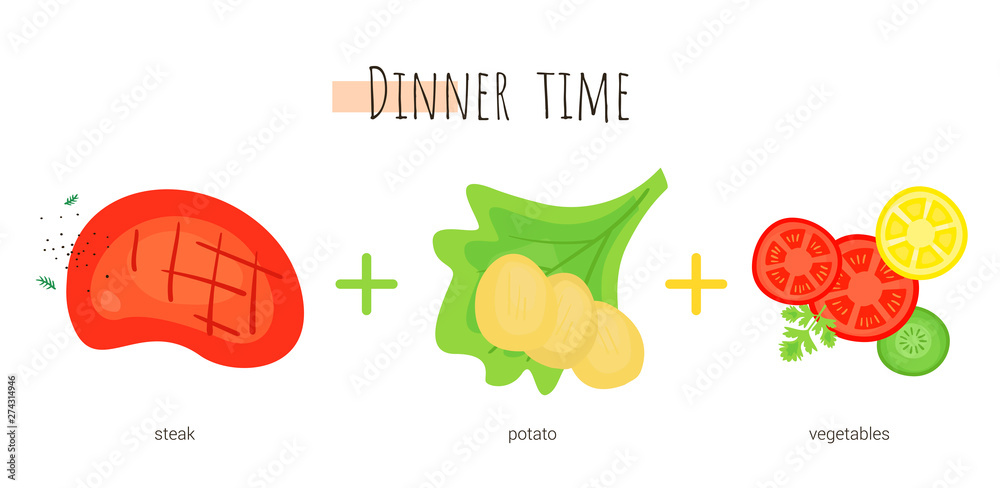 Dinner time which consists of steak, potato and vegetables. Isolated cartoon dishes. Doodle color set of ingredients and products for cooking Dinner time which consists of steak, potato and vegetables. Isolated cartoon dishes. Doodle color set of ingredients and products for cooking