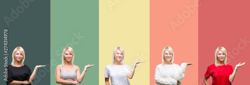 Collage of beautiful blonde woman over vintage isolated background smiling cheerful presenting and pointing with palm of hand looking at the camera.