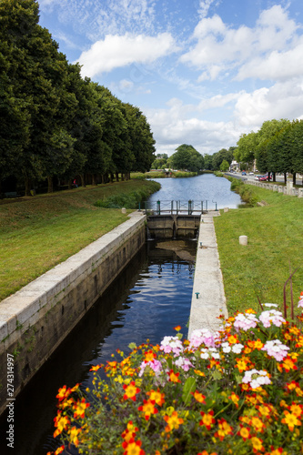 View of a lock on the canal from Brest to Nantes in the city of Pontivy