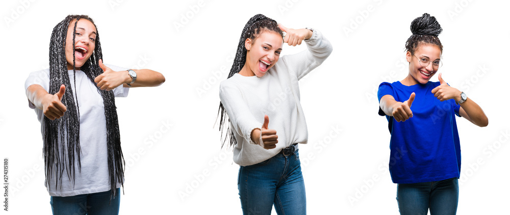 Obraz premium Collage of beautiful braided hair african american woman over isolated background approving doing positive gesture with hand, thumbs up smiling and happy for success. Looking at the camera