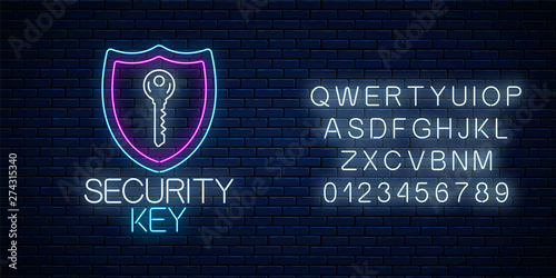 Security key glowing neon sign with alphabet. Internet protection symbol with shield and lock key.
