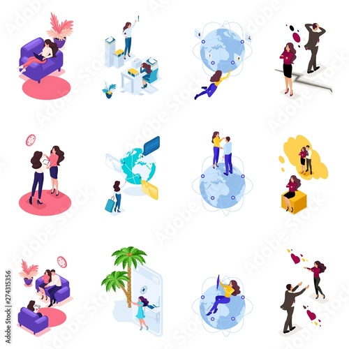 Set of isometric concepts of travel  recreation  communication with a psychologist  family differences . Creating web applications