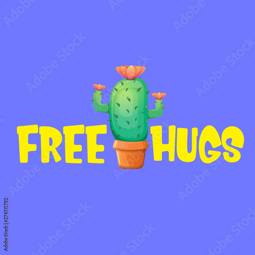 Free hugs text and cartoon green cactus in pot isolated on violet background. funny houseplant icon with quote or slogan for print on tee. International free hugs day concept