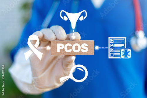 PCOS Polycystic Ovary Syndrome Health Care concept. Doctor holds wooden block with pcos abbreviation. photo