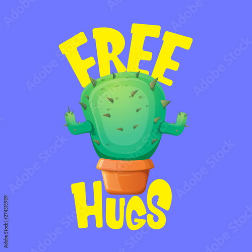 Free hugs text and cartoon green cactus in pot isolated on violet background. funny houseplant icon with quote or slogan for print on tee. International free hugs day concept
