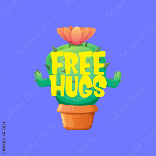 Free hugs text and cartoon green cactus in pot isolated on violet background. funny houseplant icon with quote or slogan for print on tee. International free hugs day concept