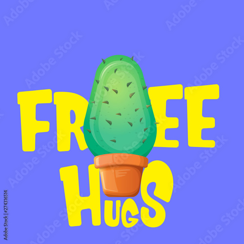 Free hugs text and cartoon green cactus in pot isolated on violet background. funny houseplant icon with quote or slogan for print on tee. International free hugs day concept