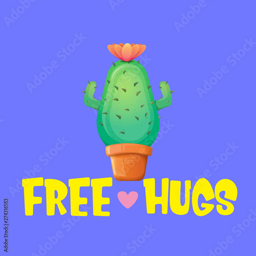 Free hugs text and cartoon green cactus in pot isolated on violet background. funny houseplant icon with quote or slogan for print on tee. International free hugs day concept