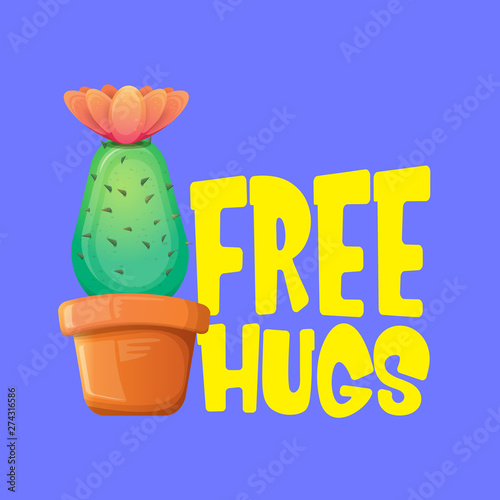 Free hugs text and cartoon green cactus in pot isolated on violet background. funny houseplant icon with quote or slogan for print on tee. International free hugs day concept