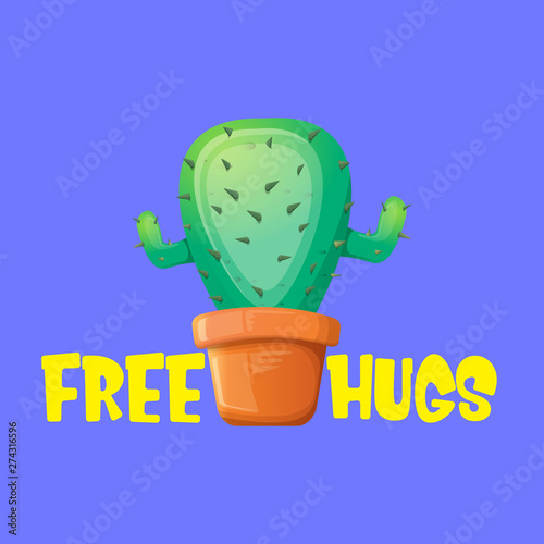 Free hugs text and cartoon green cactus in pot isolated on violet background. funny houseplant icon with quote or slogan for print on tee. International free hugs day concept