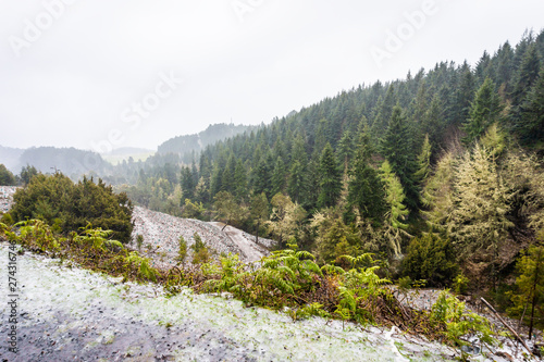 Bad weather, rain with snow at the road to Pico Ruivo, Madeira mountain