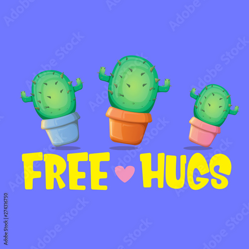 Free hugs text and cartoon green cactus in pot isolated on violet background. funny houseplant icon with quote or slogan for print on tee. International free hugs day concept