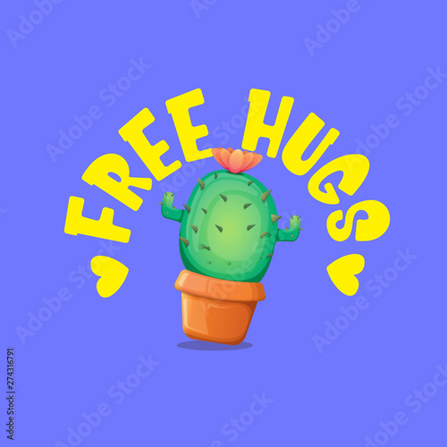 Free hugs text and cartoon green cactus in pot isolated on violet background. funny houseplant icon with quote or slogan for print on tee. International free hugs day concept