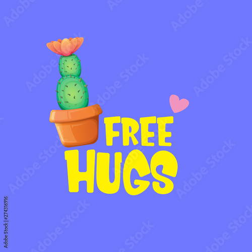 Free hugs text and cartoon green cactus in pot isolated on violet background. funny houseplant icon with quote or slogan for print on tee. International free hugs day concept