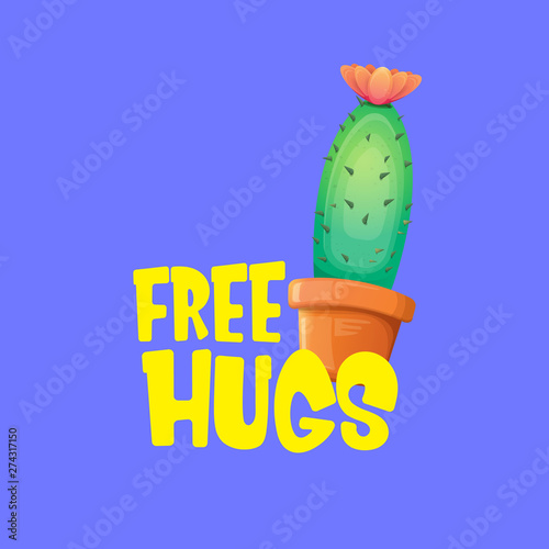 Free hugs text and cartoon green cactus in pot isolated on violet background. funny houseplant icon with quote or slogan for print on tee. International free hugs day concept