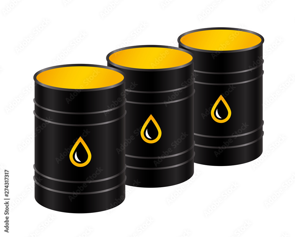 A row of black metal barrels of oil. Vector isolated illustration. A row of black metal barrels of oil. Vector isolated illustration.