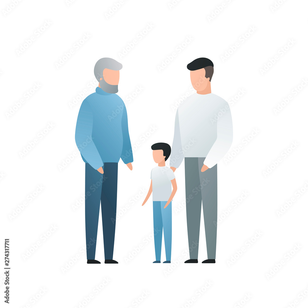 Vector modern flat family character illustration. Cute gradient grandfather with his son and grandchild isolated on white background. Big familes people tale care of each other Vector modern flat family character illustration. Cute gradient grandfather with his son and grandchild isolated on white background. Big familes people tale care of each other