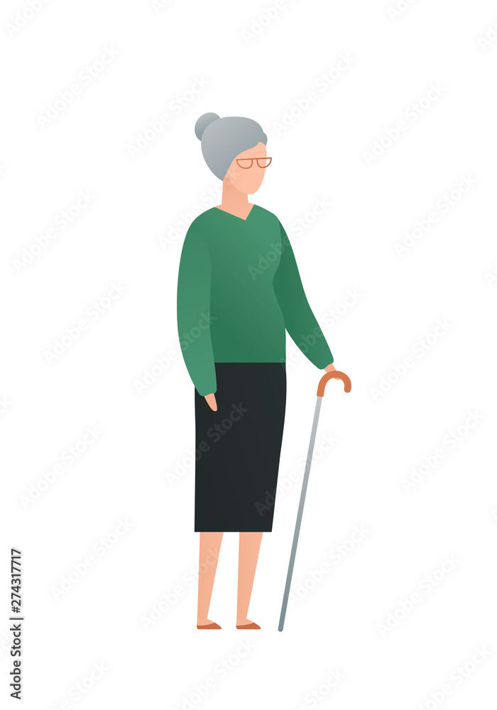 Vector modern flat old character illustration. Cute aged female standing with cane isolated on white background. Aged people with grey hair Vector modern flat old character illustration. Cute aged female standing with cane isolated on white background. Aged people with grey hair