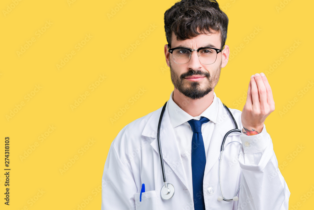 Young doctor man wearing hospital coat over isolated background Doing Italian gesture with hand and fingers confident expression Young doctor man wearing hospital coat over isolated background Doing Italian gesture with hand and fingers confident expression