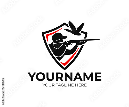 Hunting and fishing, hunter in shield, shoots in flying duck, logo design. Man hunts on waterfowl and bird, animal and nature, vector design and illustration