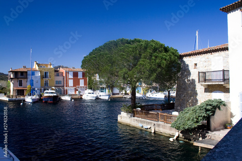 Channel with big tree in Port Grimaud (France)