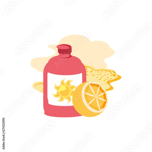 solar blocker bottle in the beach with orange