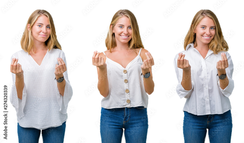 Collage of beautiful blonde woman over white isolated background Doing money gesture with hand, asking for salary payment, millionaire business Collage of beautiful blonde woman over white isolated background Doing money gesture with hand, asking for salary payment, millionaire business