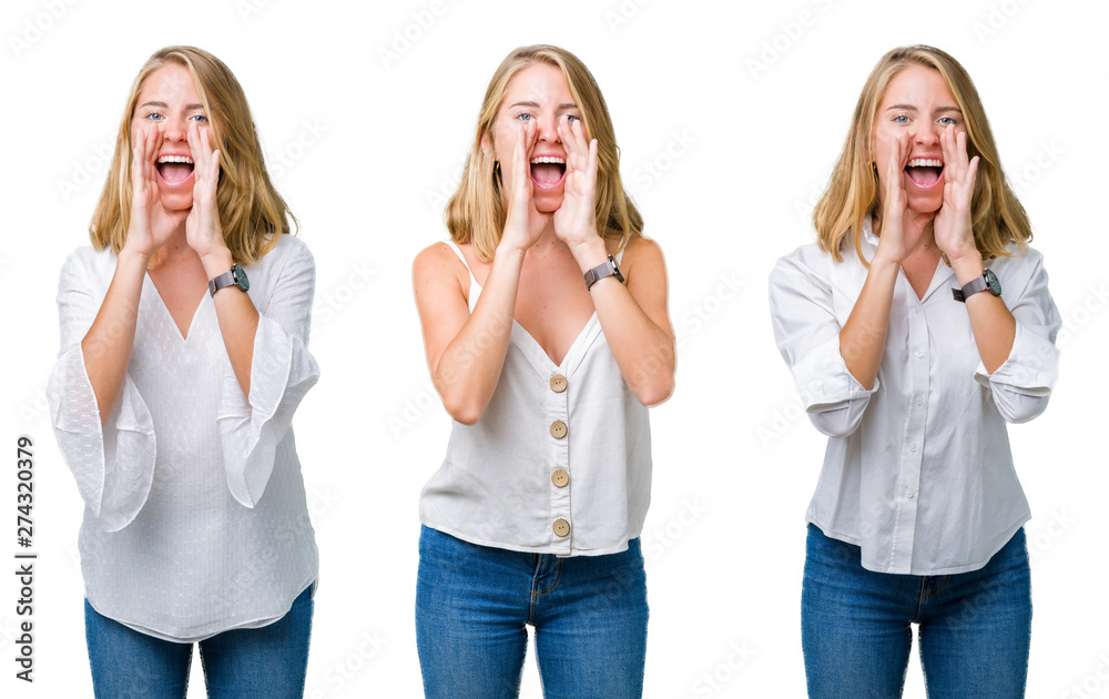 Collage of beautiful blonde woman over white isolated background Shouting angry out loud with hands over mouth Collage of beautiful blonde woman over white isolated background Shouting angry out loud with hands over mouth