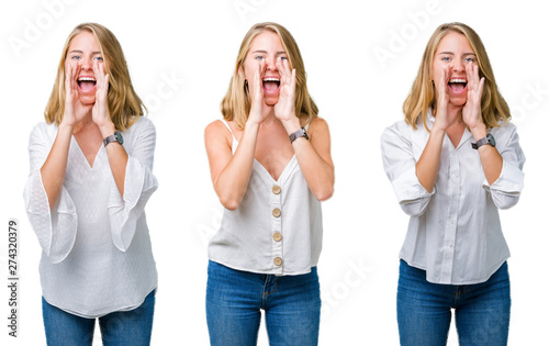 Collage of beautiful blonde woman over white isolated background Shouting angry out loud with hands over mouth