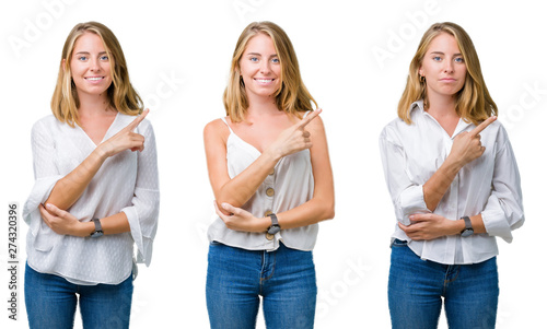 Collage of beautiful blonde woman over white isolated background Pointing with hand finger to the side showing advertisement, serious and calm face