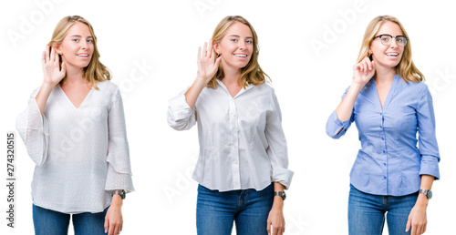 Collage of beautiful blonde business woman over white isolated background smiling with hand over ear listening an hearing to rumor or gossip. Deafness concept.