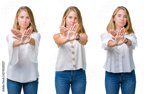 Collage of beautiful blonde woman over white isolated background Rejection expression crossing arms and palms doing negative sign, angry face
