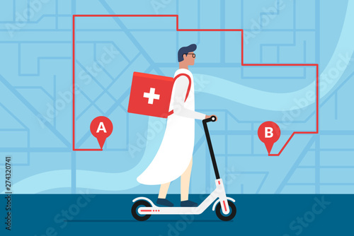Medicine delivery pharmacy. Male doctor riding electric scooter with medical surgical sanitary box first aid on city street map plan with GPS pins and navigation route. Vector illustration
