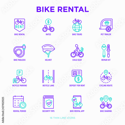 Bike rental thin line icon: rates, bicycle tours, pet trailer, padlock, helmet, child seat, sharing, pointer, deposit, mobile app, cycling route. Modern vector illustration.