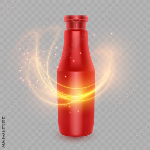 Template bottle of red for a spicy condiment, such as ketchup, realistic package of ketchup and a flame of fire , design bottle mockup for ads.