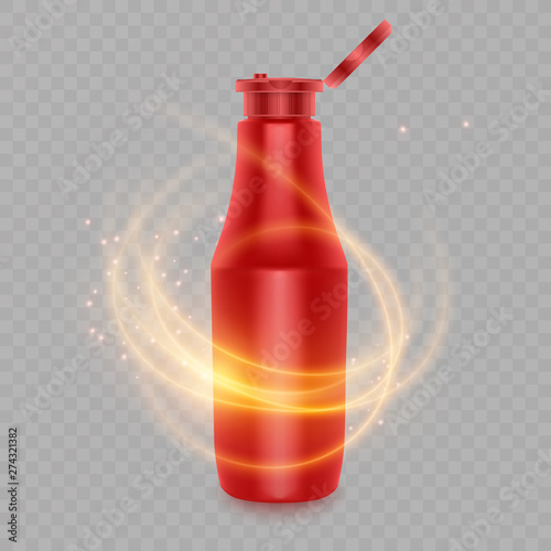 Template bottle of red for a spicy condiment, such as ketchup, realistic package of ketchup and a flame of fire , design bottle mockup for ads.
